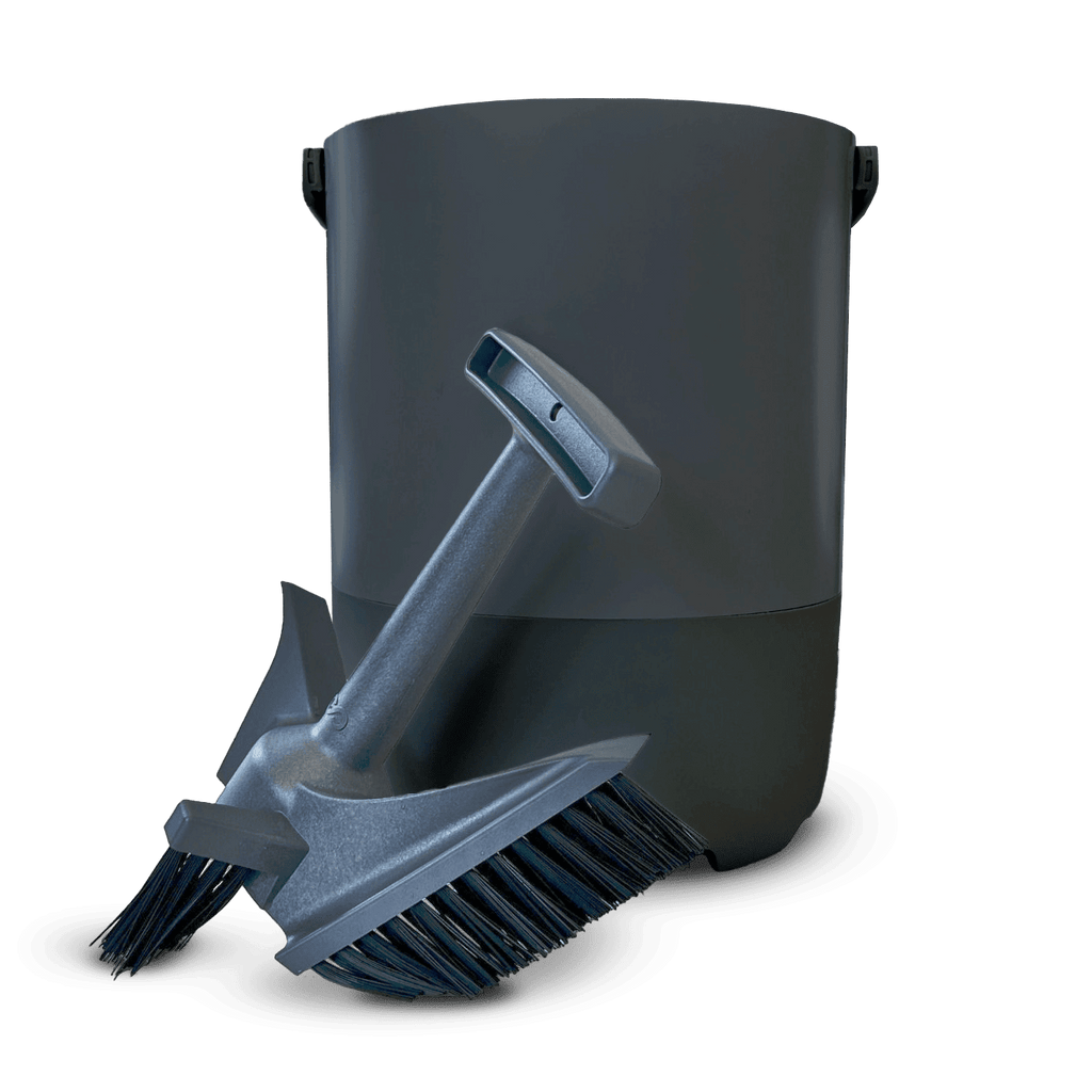 FoodCycler Eco 5 Grey Bucket with Infinity Brush in front of it