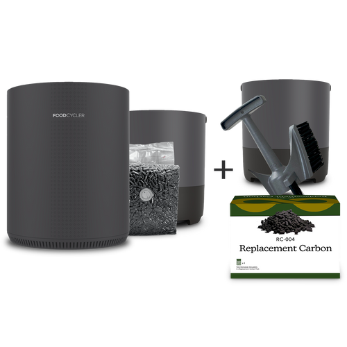 Grey FoodCycler Eco 3, single pack of carbon, Eco 3 bucket + a extra Eco 3 bucket and new Infinity Brush + 4-pack of carbon refills