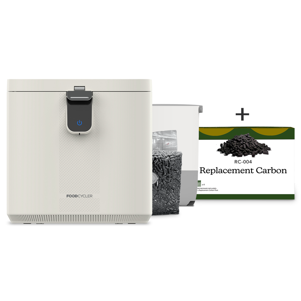 White FoodCycler Eco 5, one carbon refill packet, an Eco 5 bucket + a 4-pack of Carbon Refill.