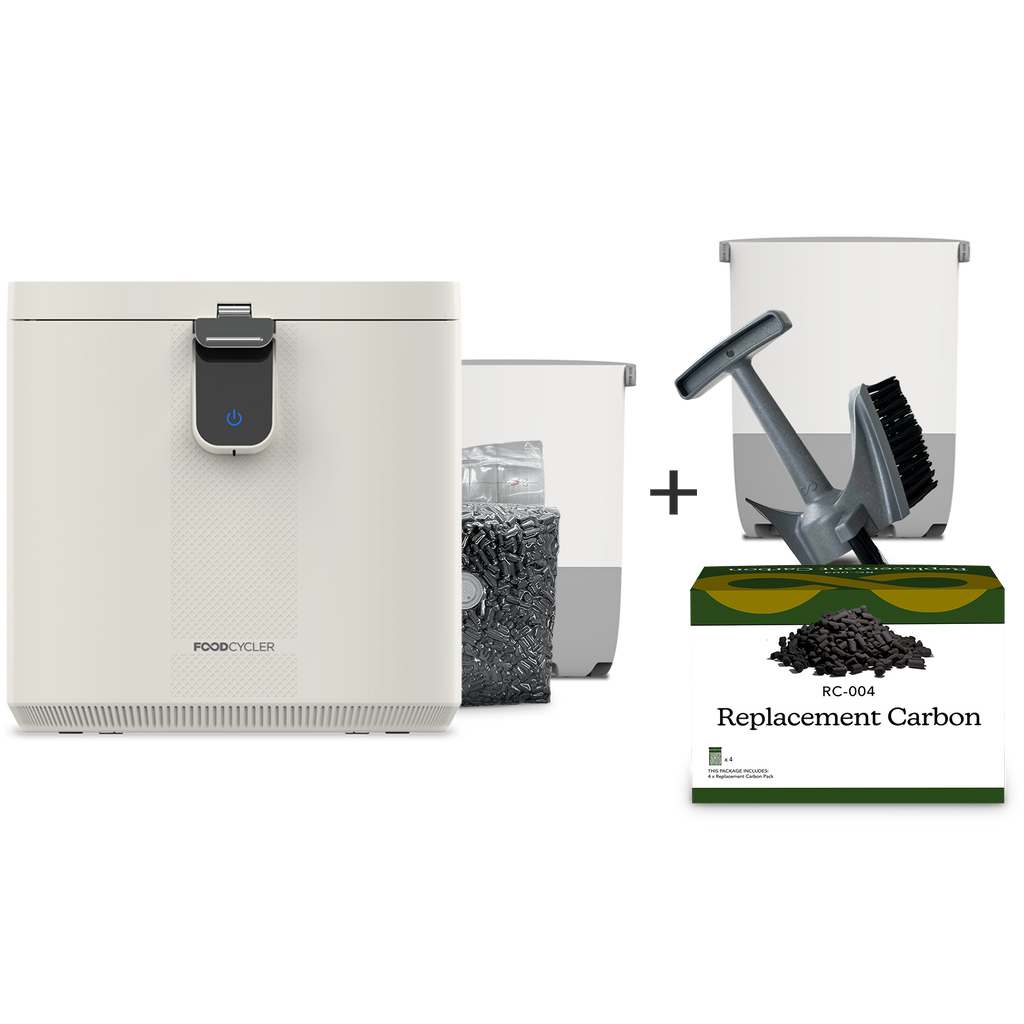 White FoodCycler Eco 5, carbon refill packet, Eco 5 bucket + an extra Eco 5 bucket & Infinity Brush + 4-pack carbon refill