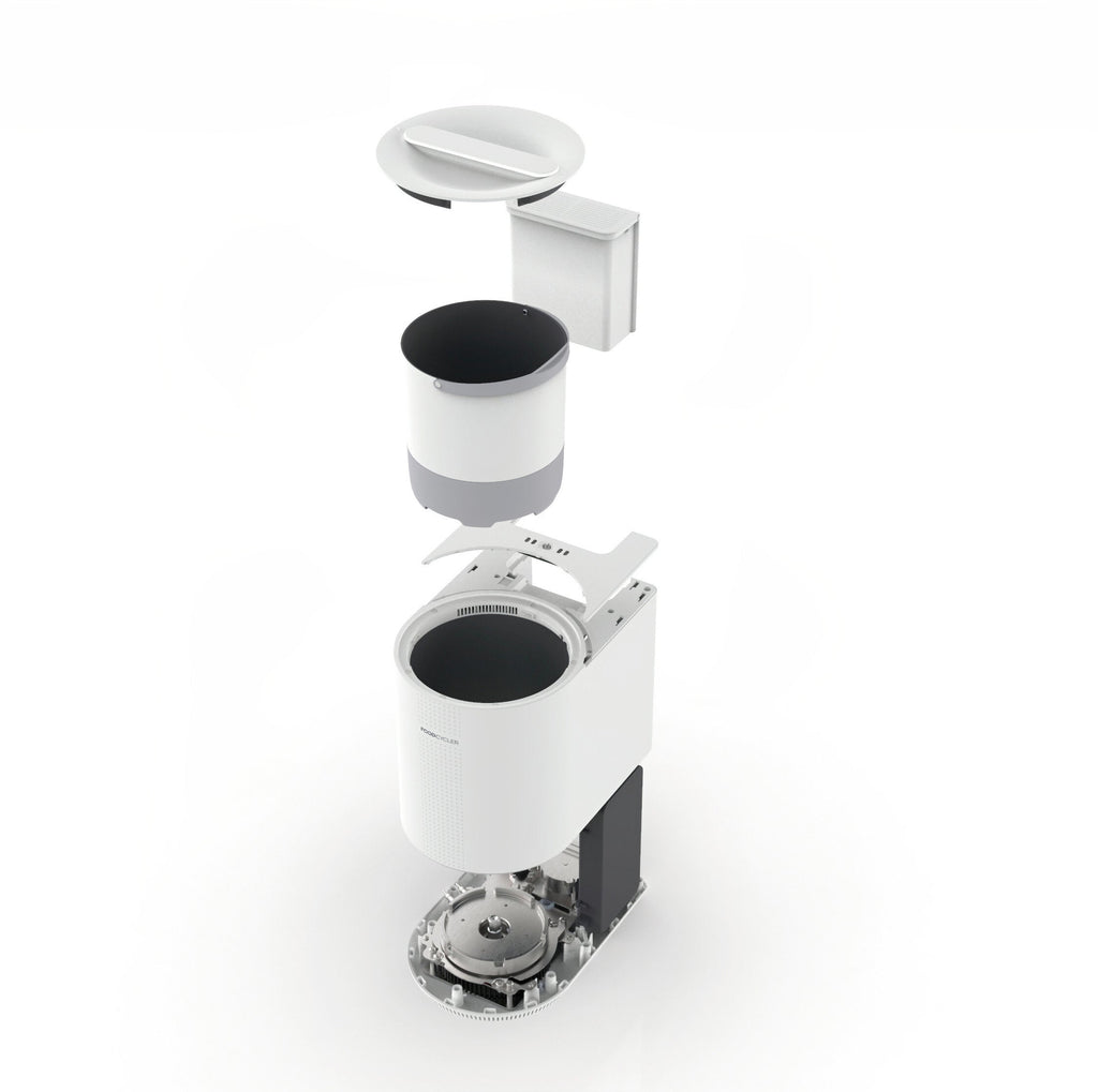 Render of a white FoodCycler Eco 3 expanded/taken apart to show the different pieces of the Eco 3; including base, shell, buttons, bucket, filter, and lid.